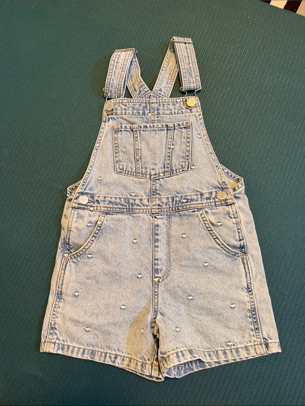 H&M Light Blue Denim Short Overalls with Heart Studs